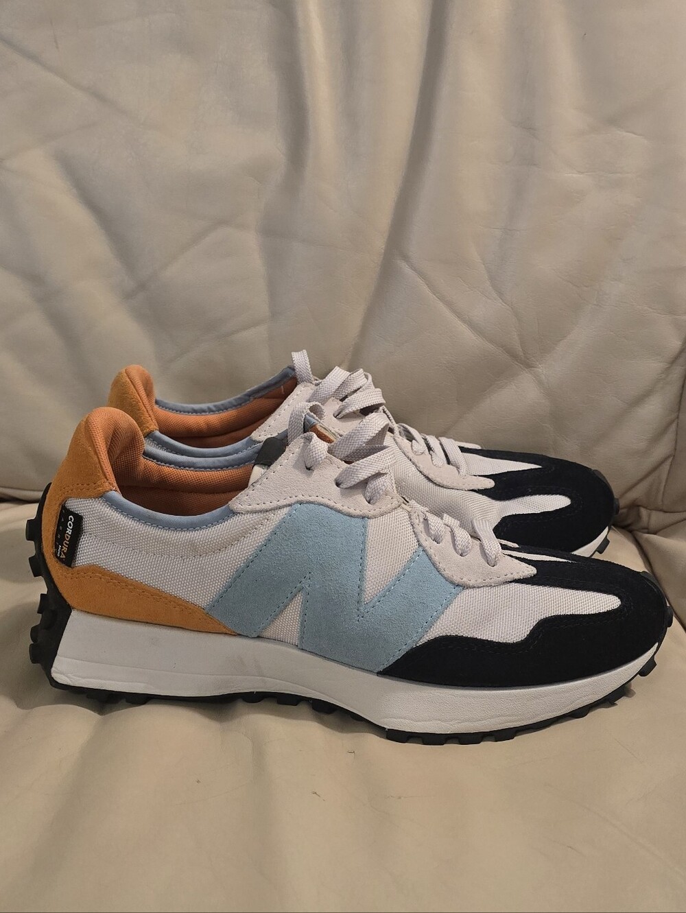 New Balance 327 White Orange Blue Black Suede Moonbeam Madras Sneakers, Men's 10 - Picture 4 of 13